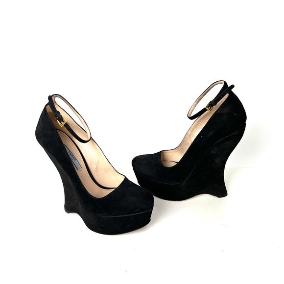 Authentic PRADA Black Suede Platform Wedge High Pumps 38.5 8 - Picture 2 of 10